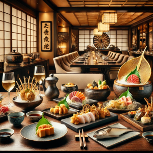 DALL·E 2024-08-31 17.58.58 - A sophisticated kitchen scene featuring a variety of high-end Japanese dishes, including sashimi, tempura, and beautifully plated kaiseki appetizers,